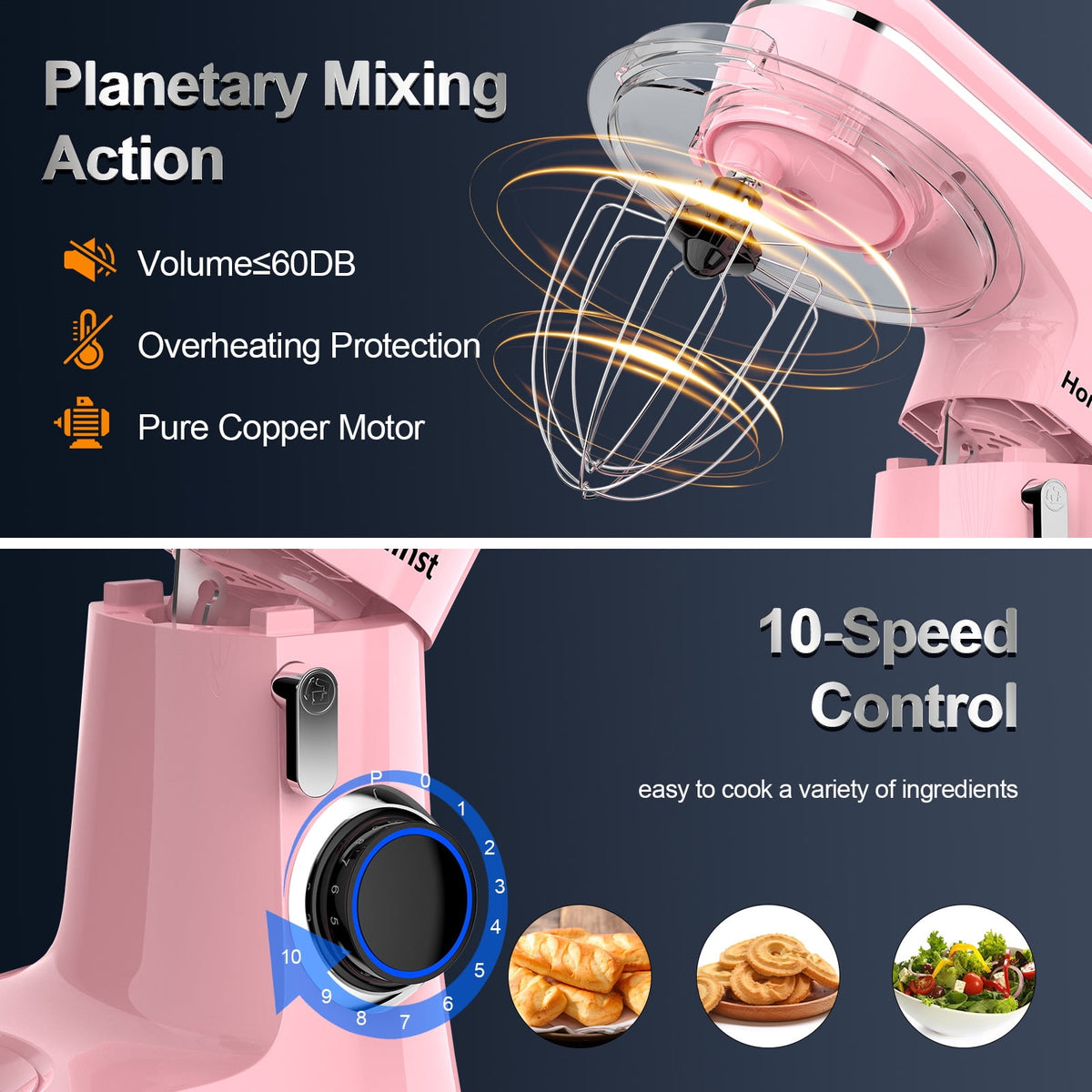 Honinst 6.5 QT Electric Stand Mixer, 10+P Speeds Lightweight with Tilt-Head Kitchen Stand Mixer, Dough Hook, Whisk, Beater and Bowl, Food Mixer for Baking, Cake and Most Home Cooks