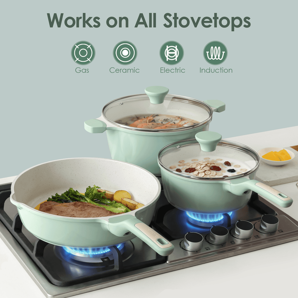 SENSARTE Ceramic Nonstick Pots and Pans Set, 10Pcs Healthy Non Stick Cookware Set with Pots Protectors, Induction Kitchen Cookware Sets, Dishwasher Safe White