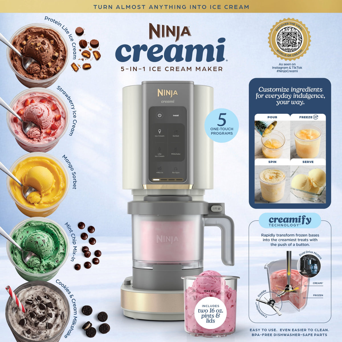 Ninja CREAMi Ice Cream Maker, for Mix-ins, Milkshakes, Sorbet, 5 One-Touch Programs, (2) 16 Oz Pint Containers & Lids, NC300WH White