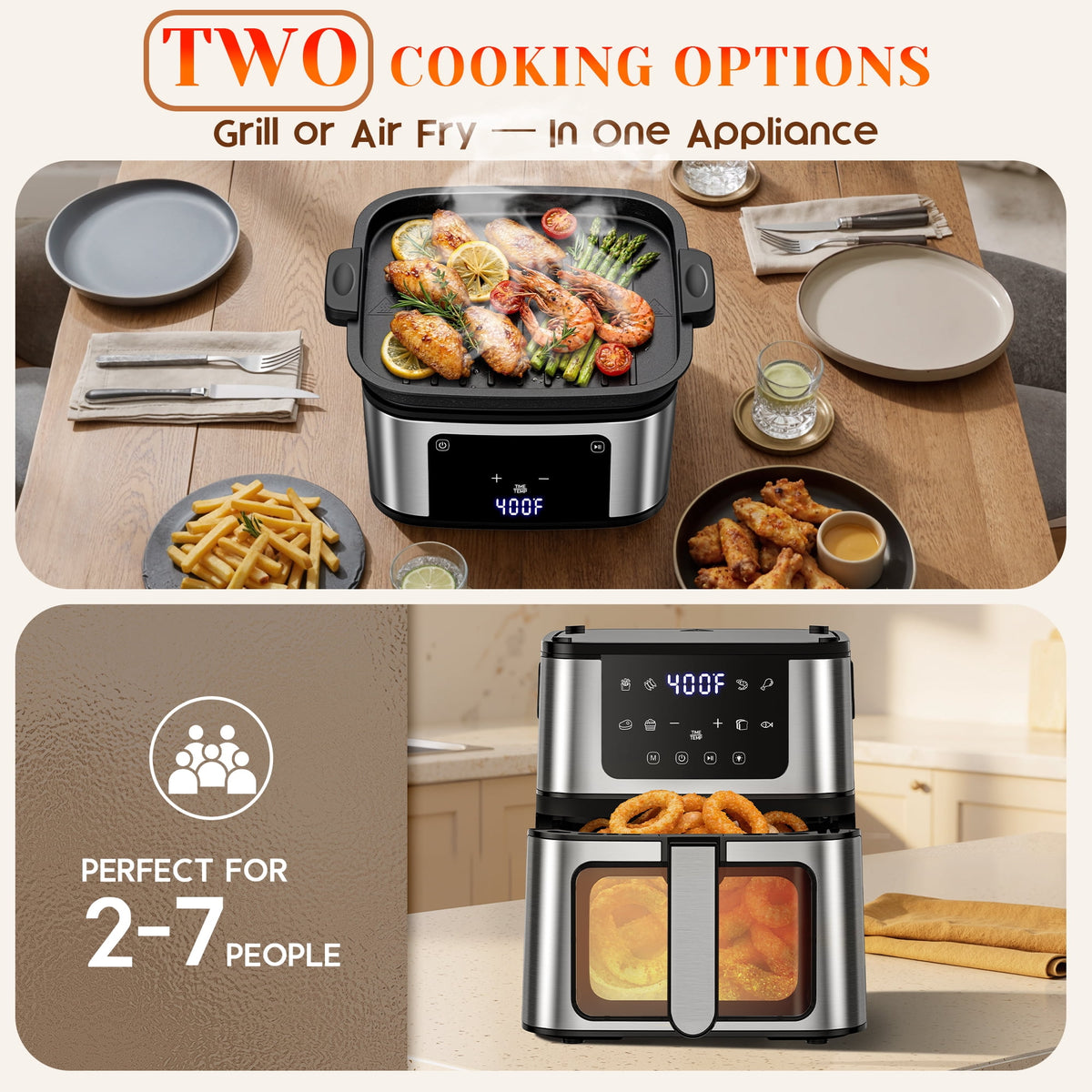 2-in-1 Versatility Digital Air Fryer & Grill, 2X Faster Cooking, 7.5 QT Air Fryer, Nonstick Basket + 100 Liners, 8 Present Cookings Air Fryer,Black