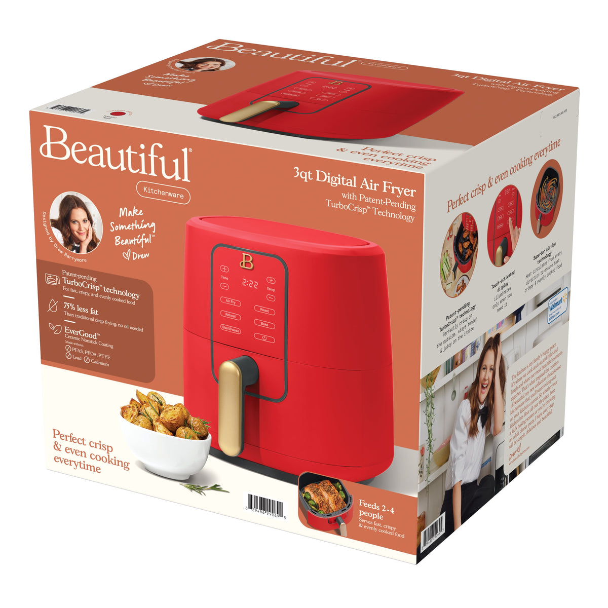 Beautiful 3 Qt Air Fryer with TurboCrisp Technology, EverGood Non-Toxic Ceramic Nonstick Coating, Chocolate by Drew Barrymore