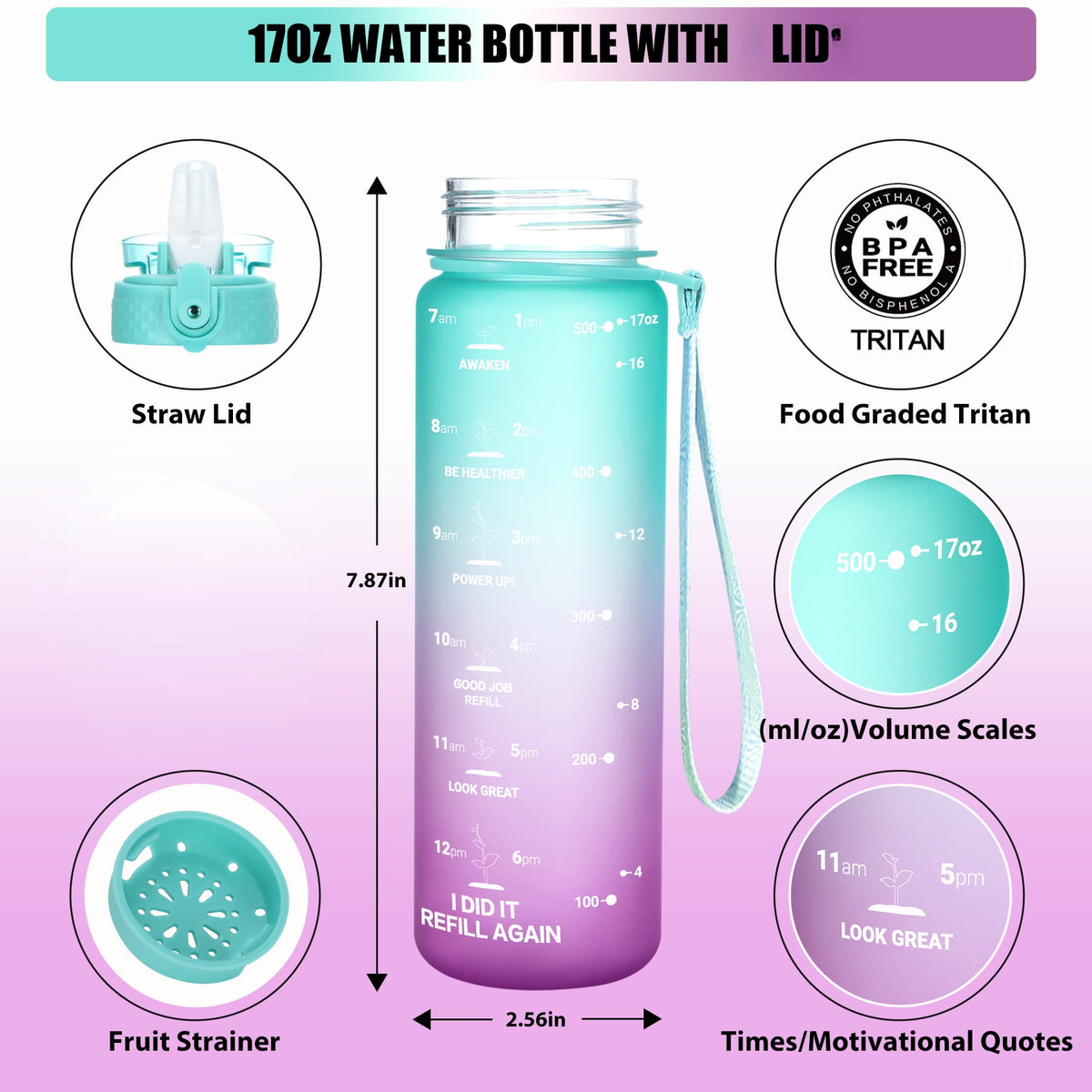 Oldley Transparent Tritan Kids Bottle – 17oz Straw Water Bottle with One-Hand Open Button, Lockable Leak-Proof Lid, Ideal for Daily Hydration