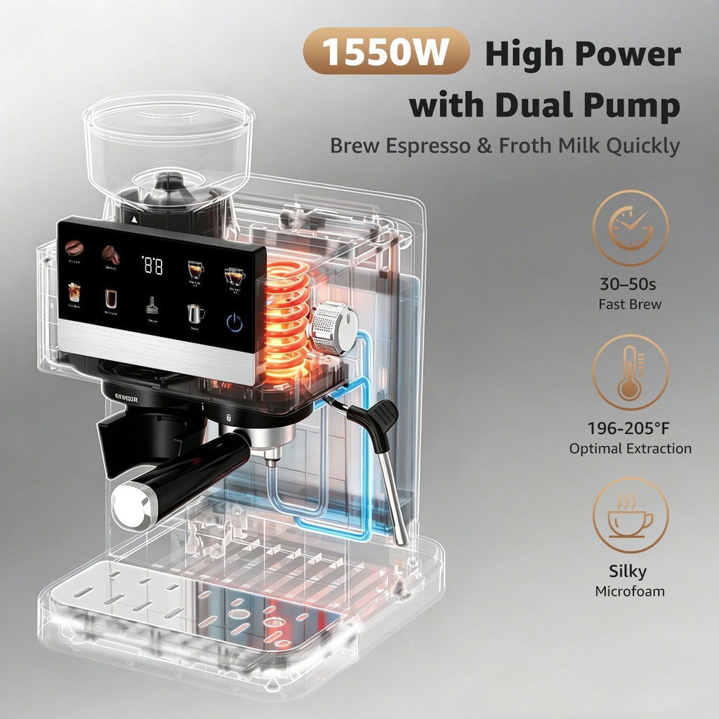 LifeImpree Espresso Machine with Grinder, 20 Bar Coffee Machine for Home with Powerful Milk Frother Steam Wand, 30 Grind Settings, 1550W Coffee Maker with Portafilter for Capsules
