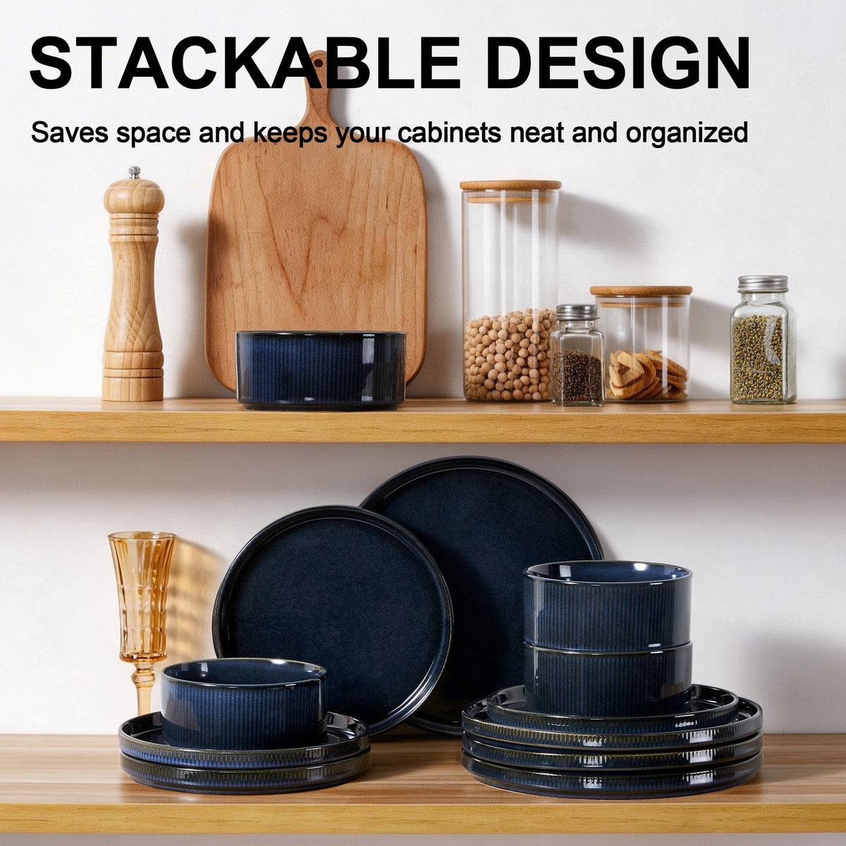 Vesteel 12 Pieces Dinnerware Set for 4, Premium Stoneware Ribbed Dishes, Chip & Scratch Resistant Plates and Bowls Set for Home Restaurant, Microwave and Dishwasher Safe - Speckled White