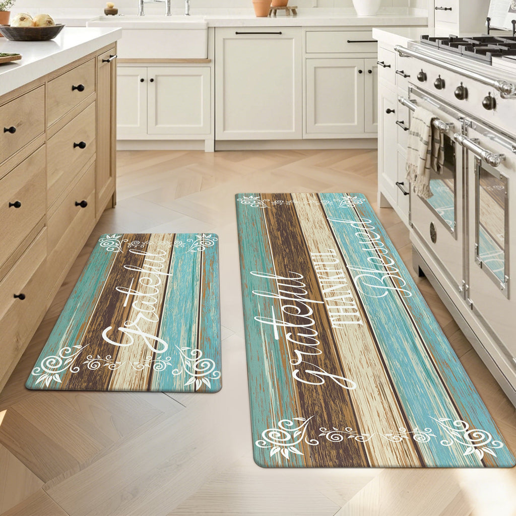 MeyJey Farmhouse Kitchen Rug Set of 2, Non-Slip Anti-Fatigue Waterproof Cushioned Mat for Kitchen, Dining & Laundry Room, 18"x30"+18"x48" Teal/Brown