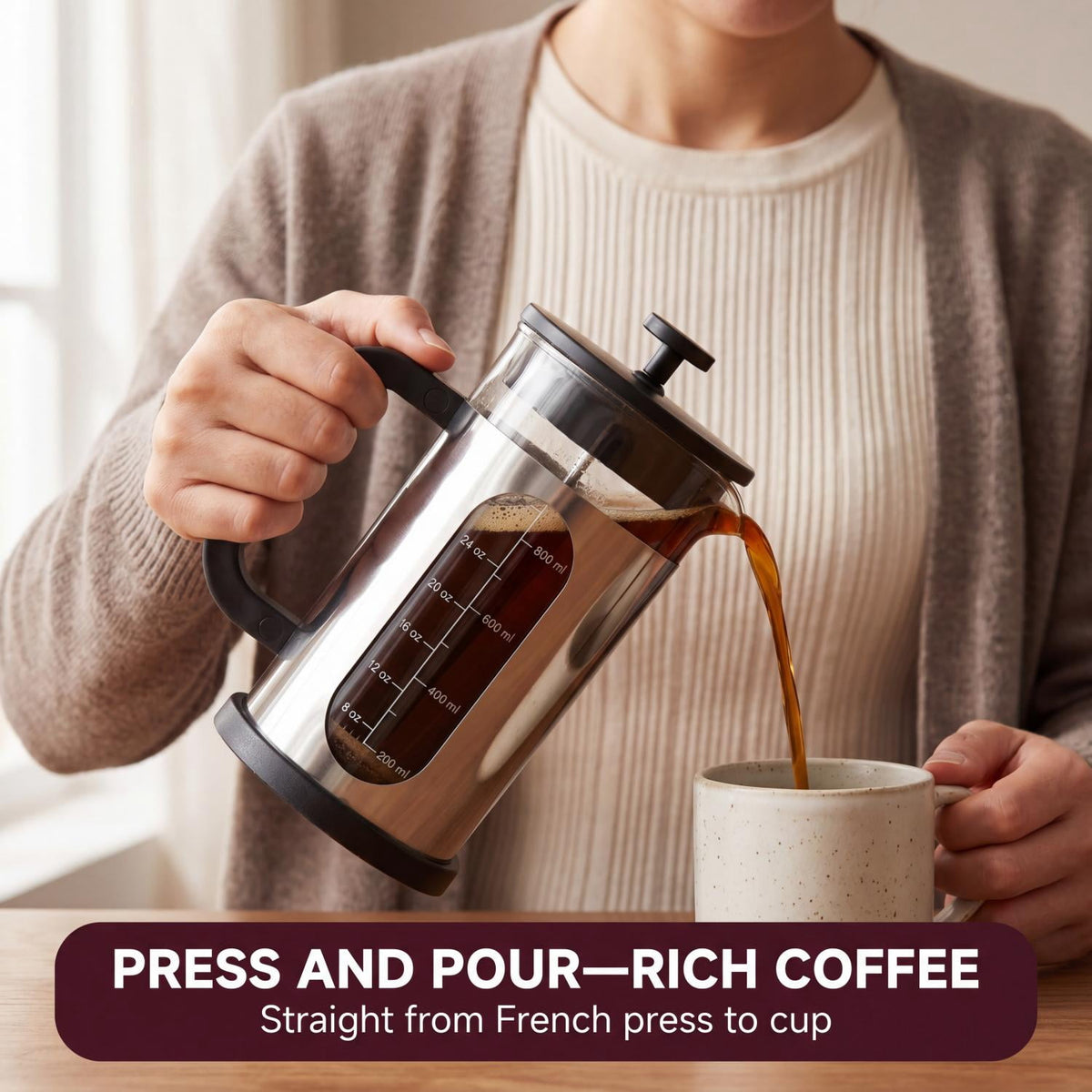 Glass French Press Coffee Maker, 304 Stainless Steel Heat Resistant Durable, Borosilicate Glass Coffee Press, 34oz