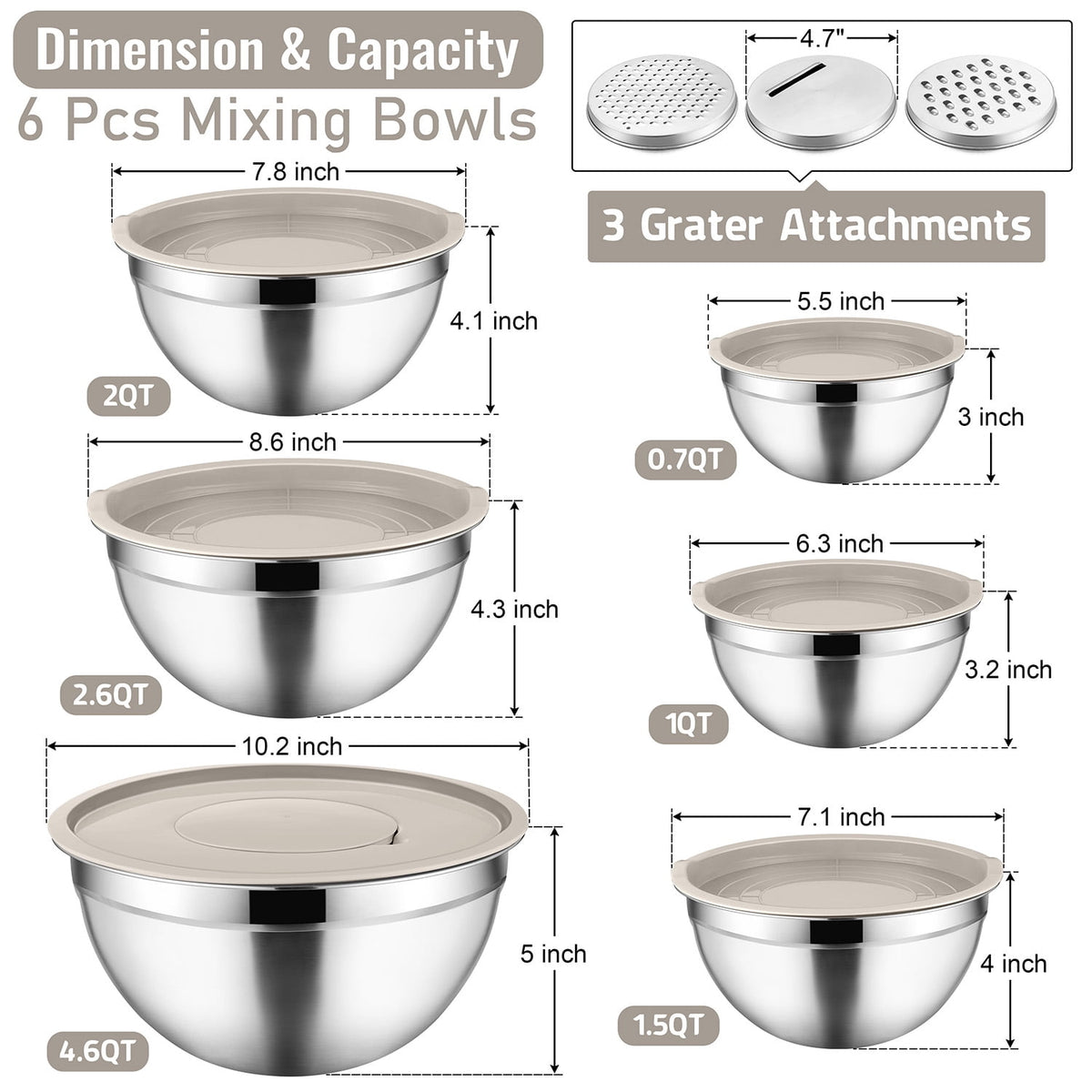 Mixing Bowls with Lids Set of 9, Vesteel Stainless Steel Mixing Bowls Metal Nesting Salad Bowls Attach with 3 Graters for Kitchen Grating/ Shredding, Size 4.6, 2.6, 2, 1.5, 1, 0.7 QT - Multi-Color