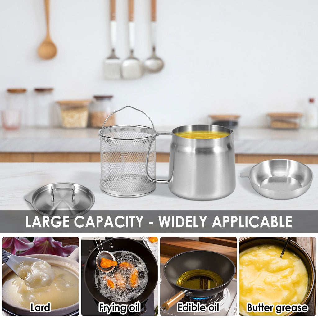 68oz Oil Strainer Pot 304 Stainless Steel Oil Grease Container Can with Filter Lid and Frying Basket Oil Container Can for Storing Frying Cooking Grease