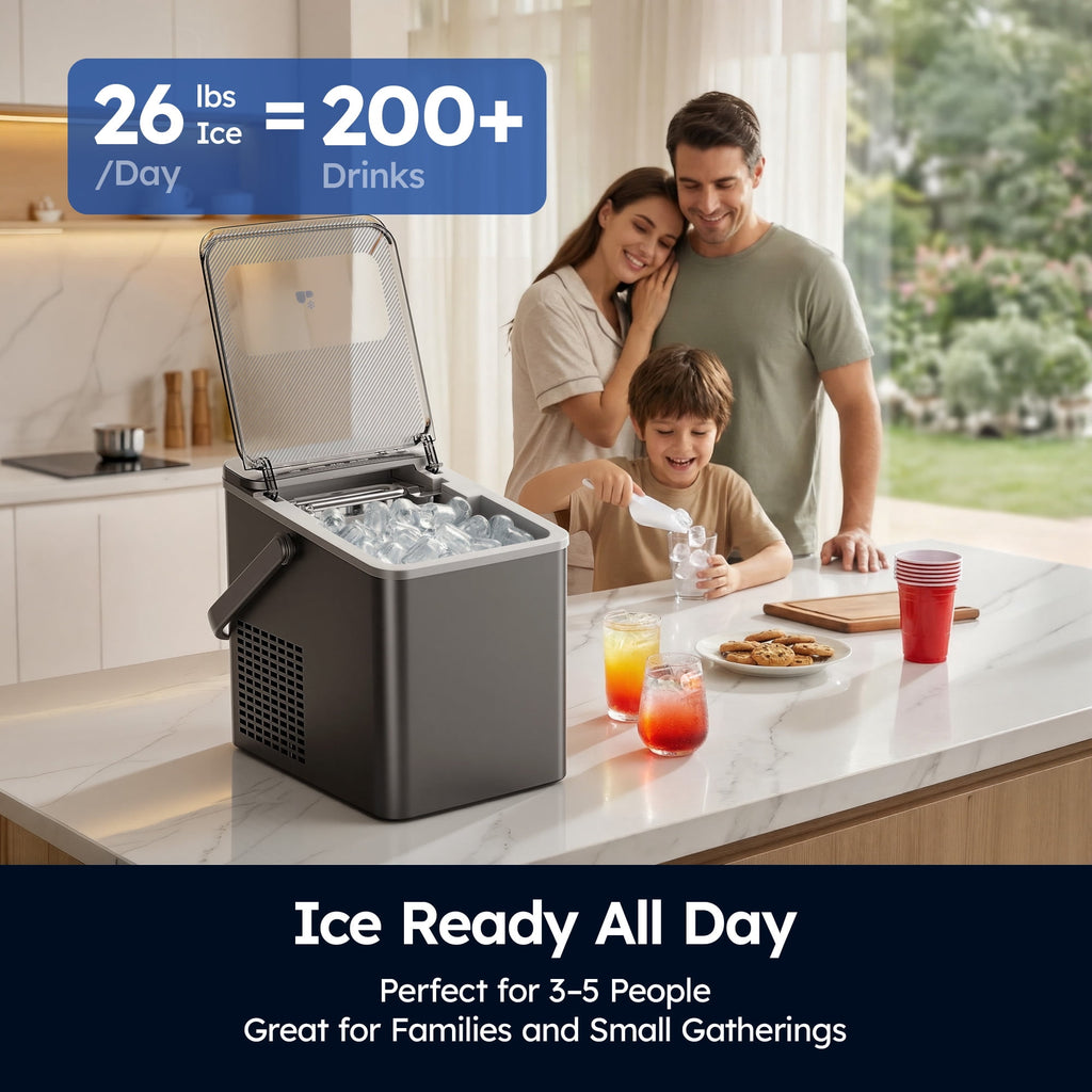 SIMZLIFE Portable Countertop Ice Maker, 26 Lbs/Day, 9 Bullet Ice Cubes in 6 Minutes, 2 Ice Sizes, Self-Cleaning Ice Machine, Black