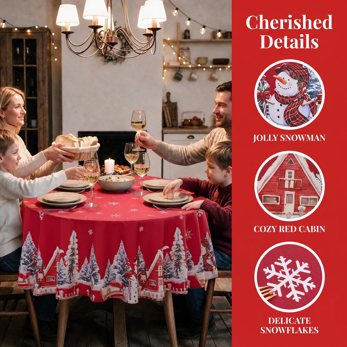 LUSHVIDA Christmas Tablecloth Rectangle, Winter Snowman House Christmas Trees Red Washable Table Cover for Party Picnic Dinner Decor, 60" x 84"