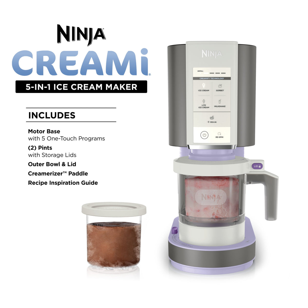 Ninja Creami Ice Cream Maker, for Mix-ins, Milkshakes, Sorbet, 5 One-Touch Programs, (2) 16 Oz Pint Containers & Lids, NC350 White