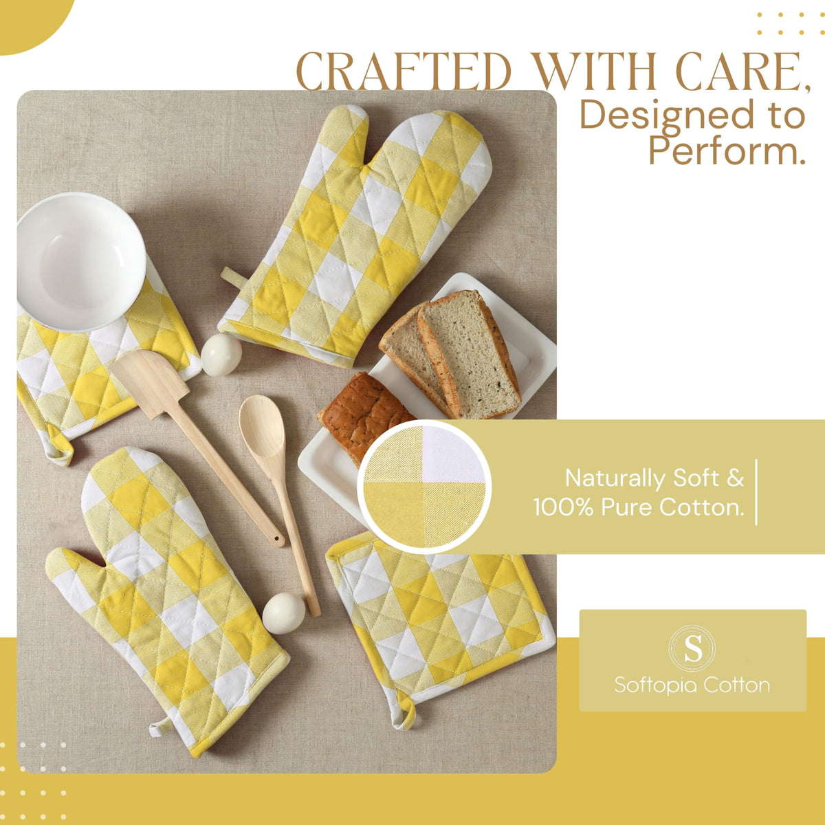 Softopia Cotton Buffalo Plaid Check Oven Mitts and Pot Holders Set, 100% Cotton, Heat Resistant, 2 Oven Gloves 7x13 Inches and 2 Hot Pads 8x8 Inches for Cooking and Baking, Lemon Yellow White