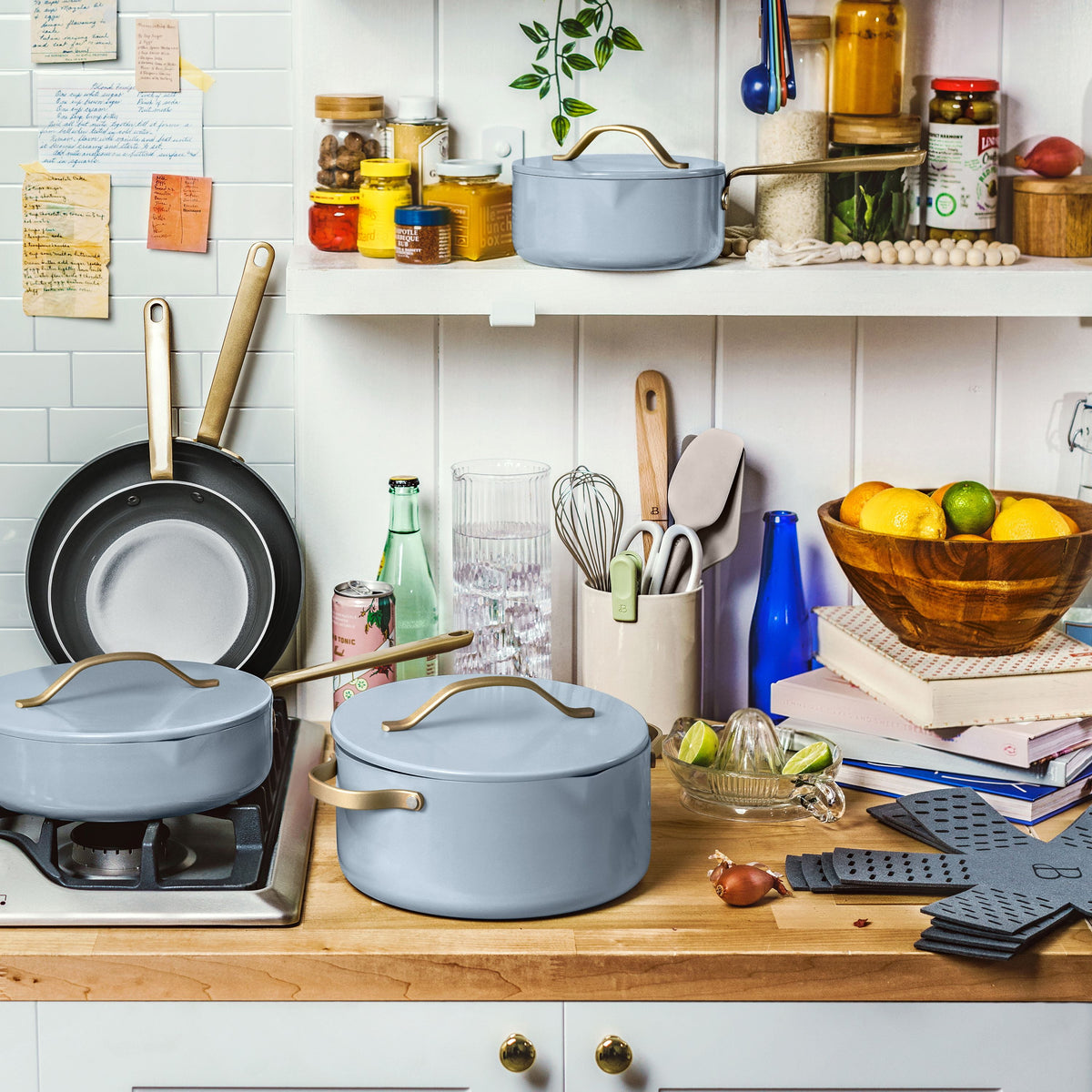 Beautiful 12-Piece Cookware Set, Pots and Pans with Strainer Lids and EverGood Ceramic Nonstick Coating, White Icing by Drew Barrymore
