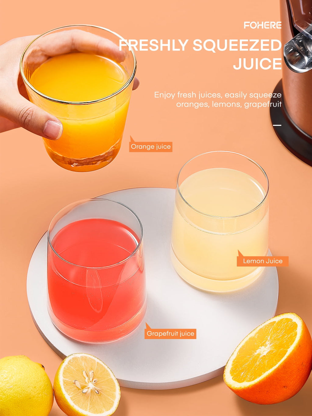 Electric Citrus Juicer, Orange Juicer Machine with 2 Size Cones, Stainless Steel Citrus Press Juicer for Orange Lemon