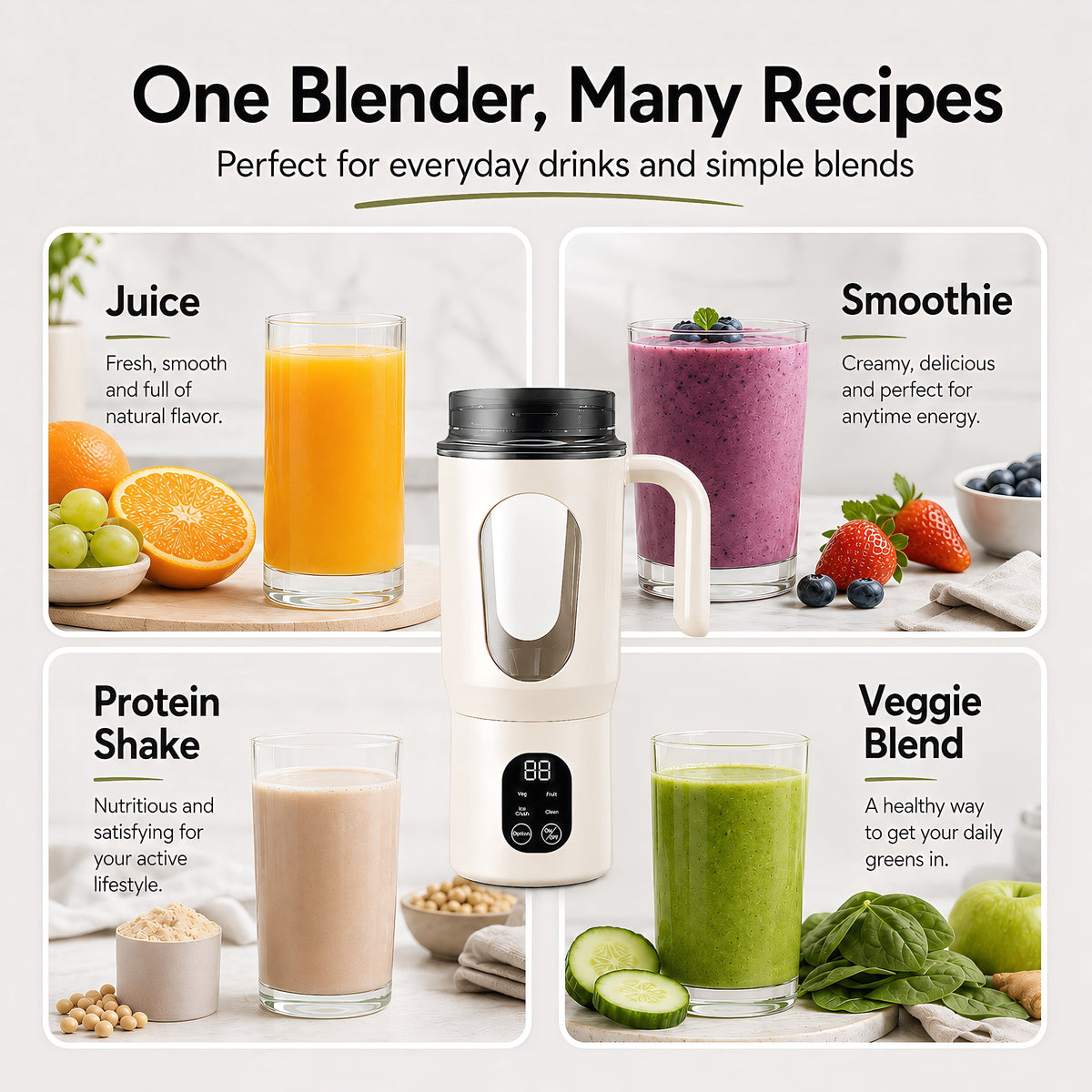 STARBIAO Portable Blender 19.6 oz Personal Juicer Cup, USB-C Rechargeable Mini Blender for Shakes & Smoothies, 12-Blade Stainless Steel, 4 Modes, Digital Display, Self-Cleaning, Beige