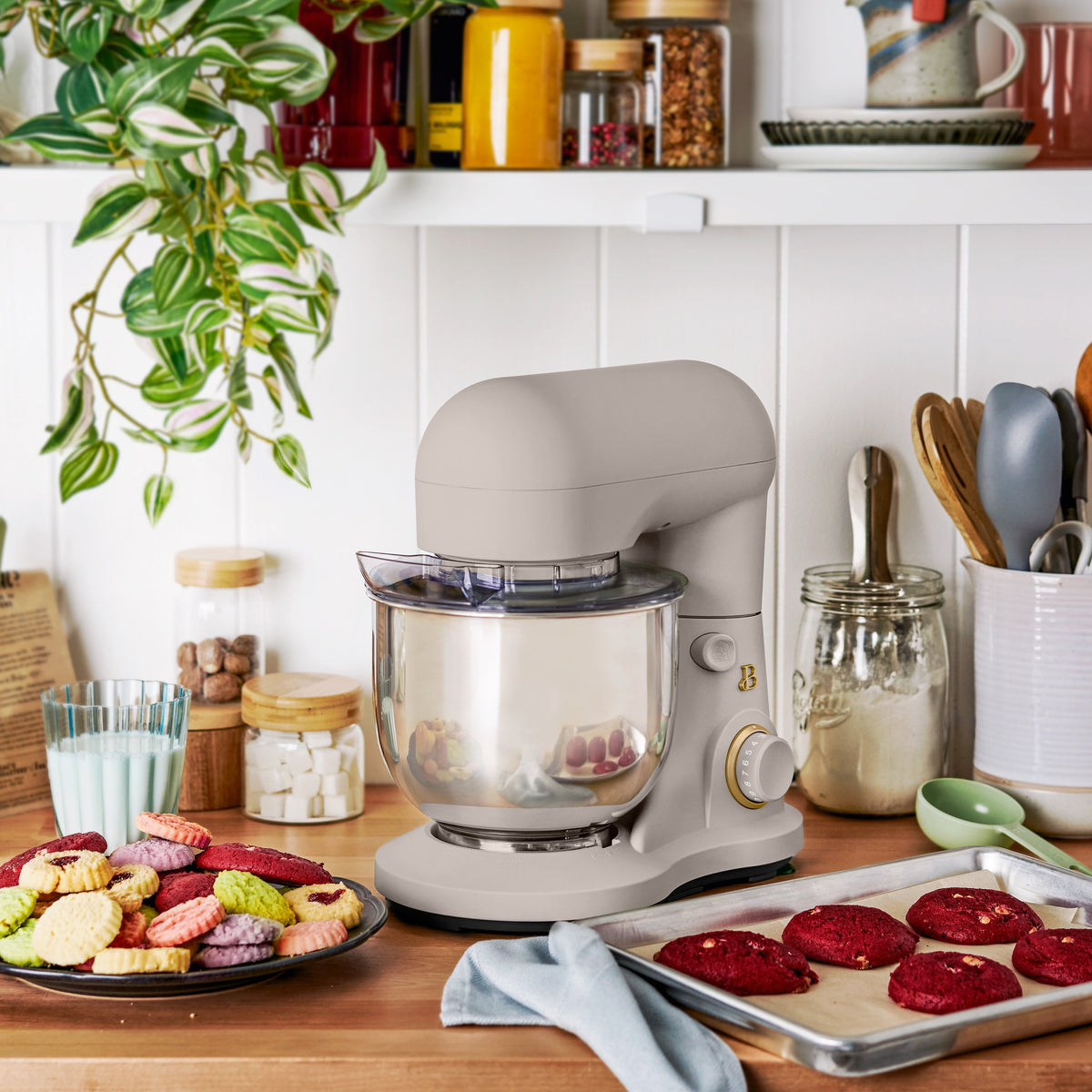 Beautiful 3.5 Qt Stand Mixer with Flat Beater, Dough Hook, Balloon Whisk, Chocolate by Drew Barrymore