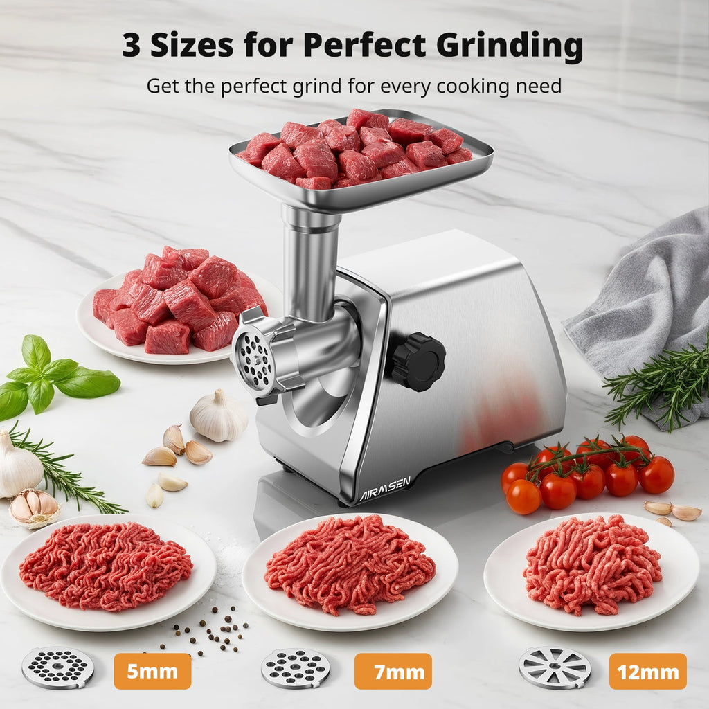AIRMSEN Stainless Steel Meat Grinder, Electric 3 in 1 Meat Mincer with 2 Blades & 3 Plates, Sausage & Kubbe Maker Kit, Fixed Lock, Double Switch, Food Grinder for Home Kitchen Use