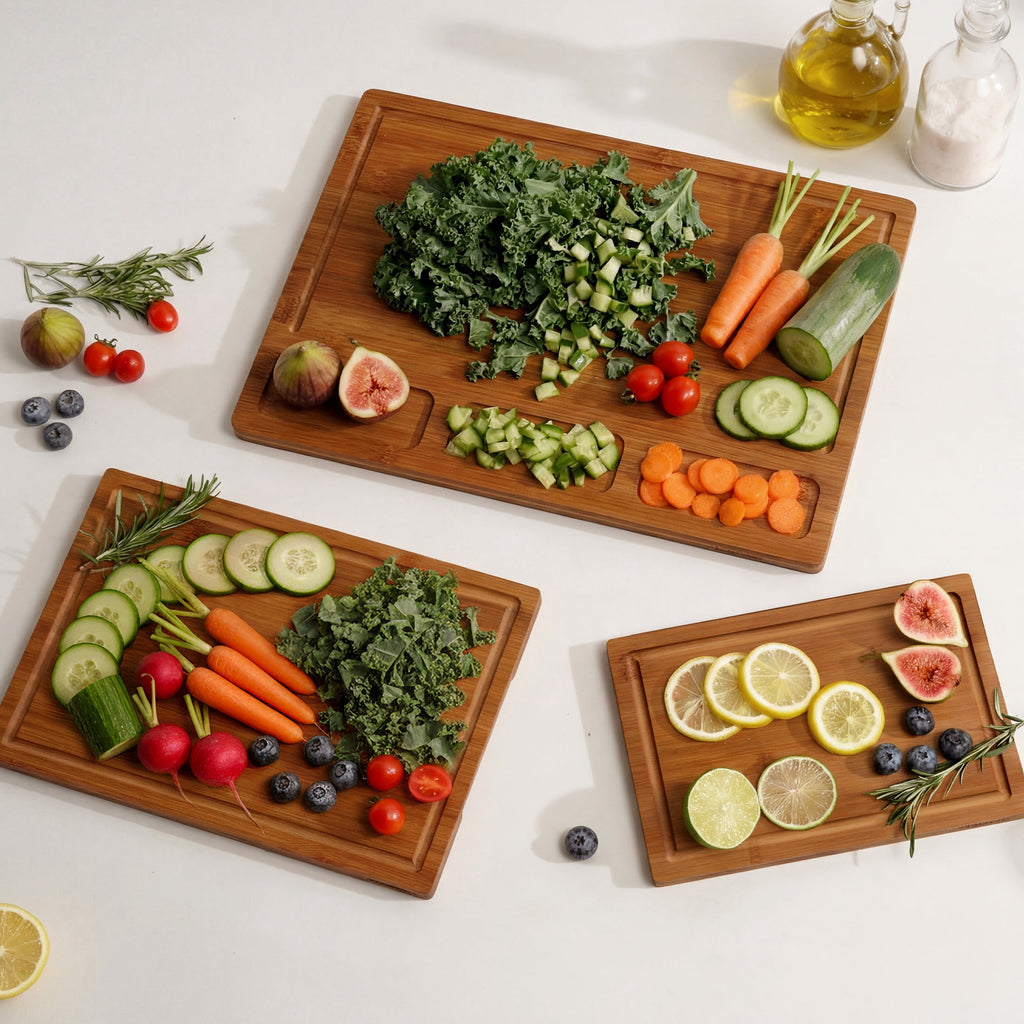 Kikcoin Cutting Board Set of 3, Bamboo Cutting Boards for Kitchen, Non-slip Wooden Chopping Boards with Juice Grooves, Reversible Charcuterie Board for Fruit, Meat