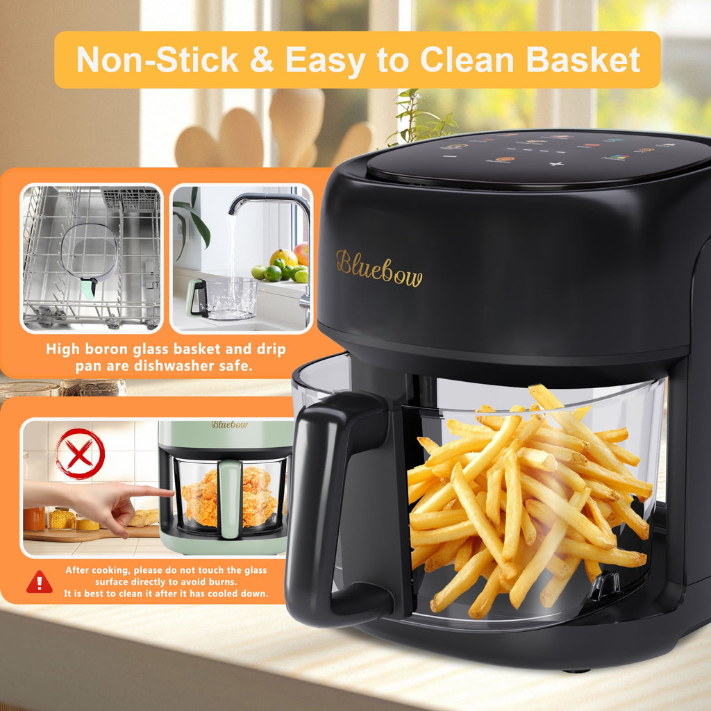 Bluebow 5 Quart Air Fryer with 360° Viewing Glass Pot, 8-in-1 Digital Touchscreen, Nonstick & Dishwasher Safe Basket, Less Oil, 1350W (White)