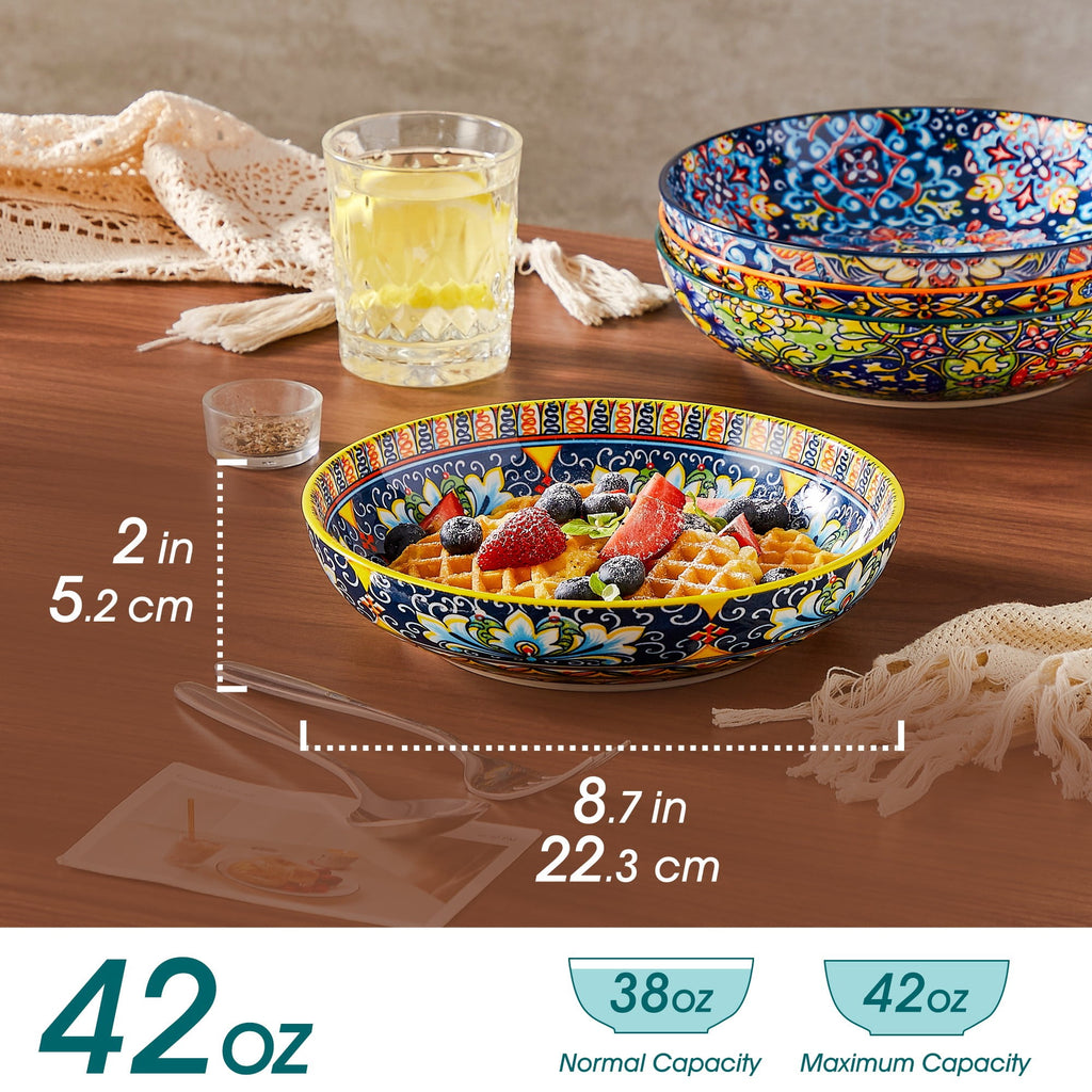 Malacasa Pasta Bowls, Ceramic Salad Bowls Set of 6, 42 oz Large Corlorful Serving Bowls for Kitchen, Dishwasher Microwave Safe Soup Bowls Set, Pasta Plates