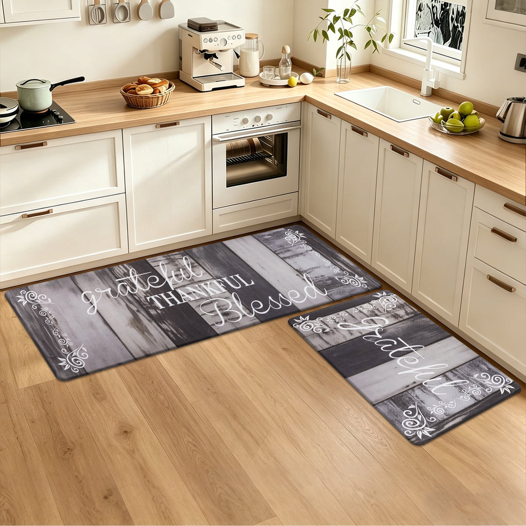 MeyJey Farmhouse Kitchen Rug Set of 2, Non-Slip Anti-Fatigue Waterproof Cushioned Mat for Kitchen, Dining & Laundry Room, 18"x30"+18"x48" Teal/Brown