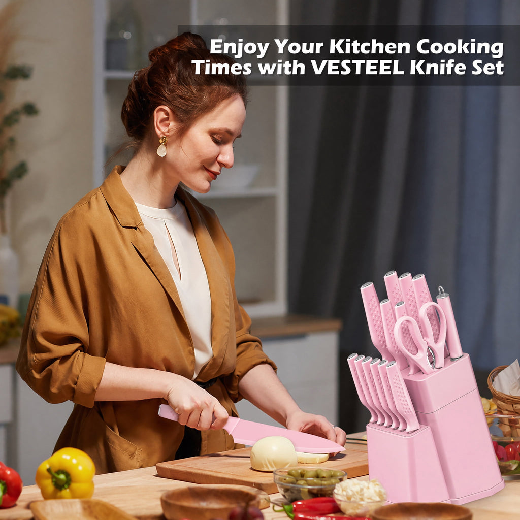 Vesteel Knife Block Set for Kitchen, 15-Piece High Carbon Stainless Steel Knives Set with Ergonomic Handle, Ultra-sharp & Rust Resistant, Walnut Brown