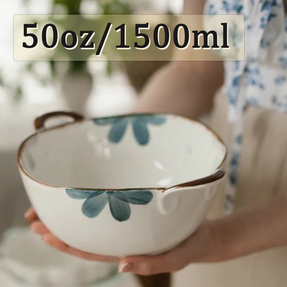 Large Salad Serving Bowl 50oz Deep Pasta Bowl Ceramic Soup Bowl with Handle for Entertaining Fruit Ramen,Decorative Cereal Crock Porcelain Dinnerware