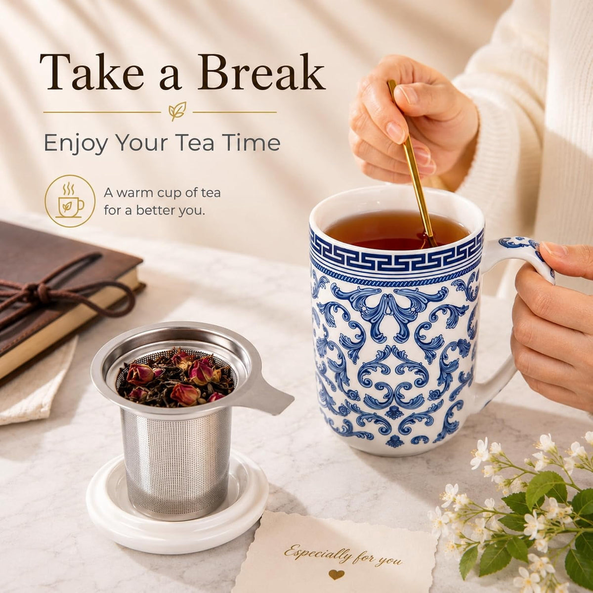 AmorArc Porcelain Tea Mug with Infuser and Lids, 18 Oz Cup Strainer Bag Holder for Loose Leaf Tea, Steeping Coffee Well-wrapped Box House-warming Wedding Birthday Gift, YelloRed