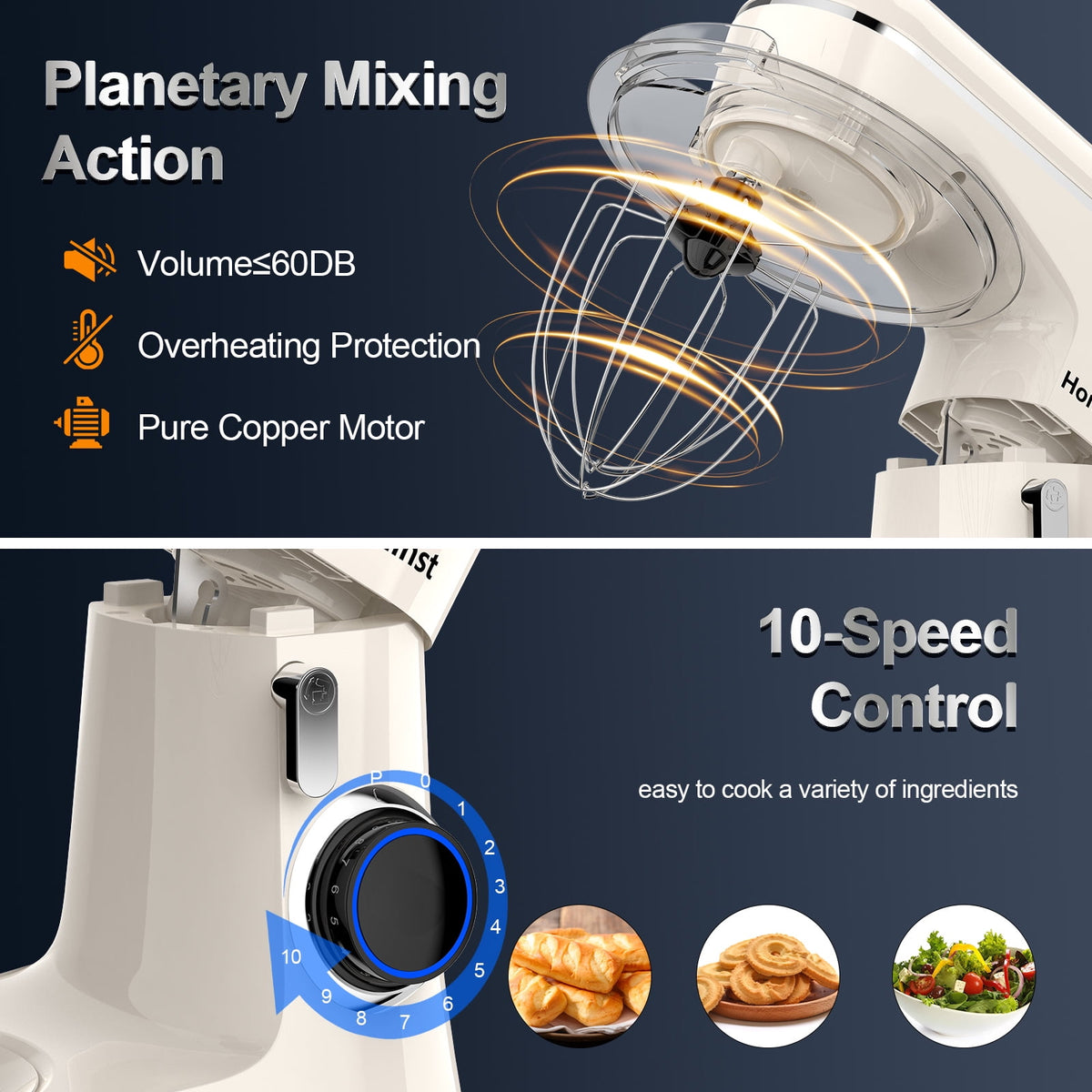 Honinst 6.5 QT Electric Stand Mixer, 10+P Speeds Lightweight with Tilt-Head Kitchen Stand Mixer, Dough Hook, Whisk, Beater and Bowl, Food Mixer for Baking, Cake and Most Home Cooks
