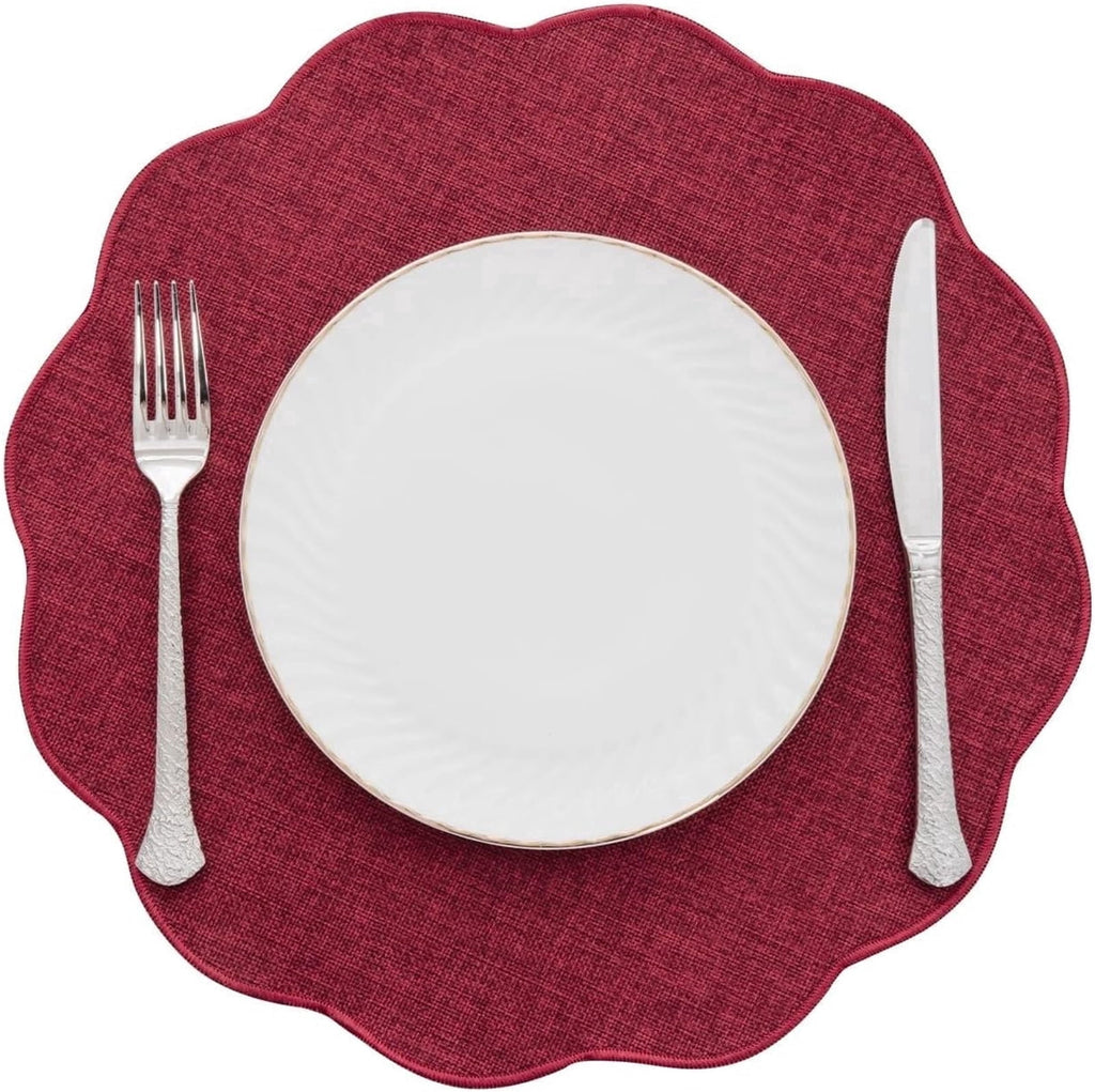 Ileading Scalloped Round Placemats Set of 6 Polyester Linen Blend Washable Non Slip Place Mats Easy Clean Heat Resistant Table Mats for Kitchen Dining Table Decor