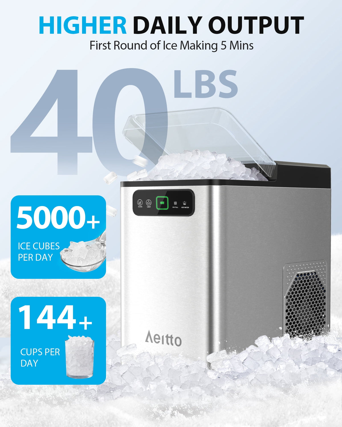 Aeitto Nugget Ice Maker Countertop, Pellet Ice Machine Soft Chewable Ice 40lbs/Day, One-Click Operation, Auto Self-Cleaning Crushed Ice Makers Stainless with Scoop for Home/Kitchen/Office Black