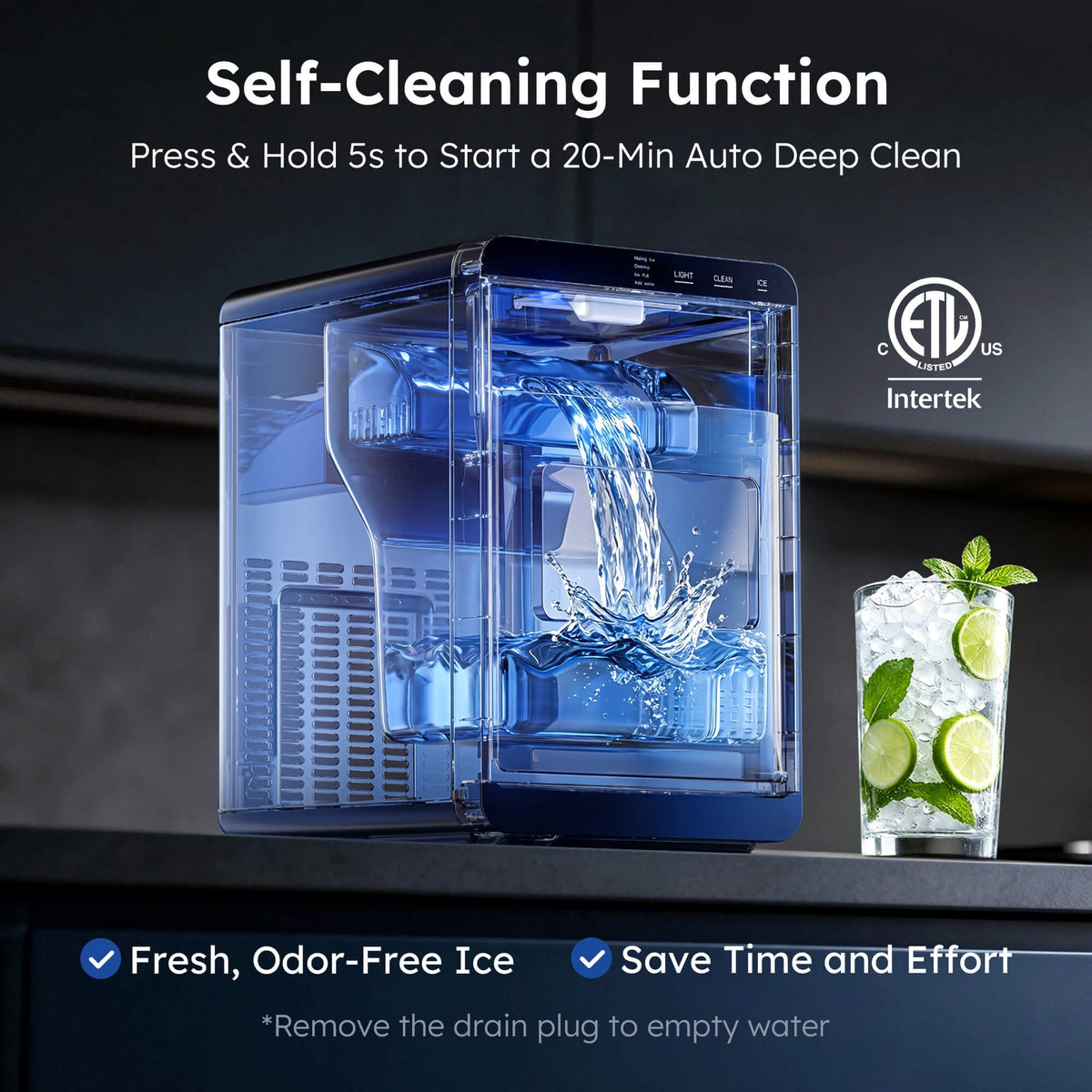 Simzlife Nugget Ice Maker Countertop, 44 lbs/24H, Soft Chewable Sonic-Style Pebble Ice machine, One-Touch Self-Cleaning, Stainless Steel Black