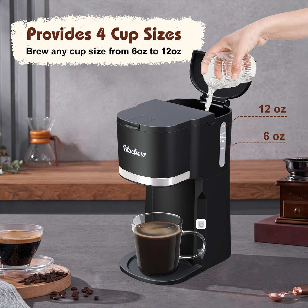 Bluebow Single Serve Coffee Maker for K Cup & Ground Coffee& Tea, Capsule Coffee Machine, 6-12oz Brew Size, Black