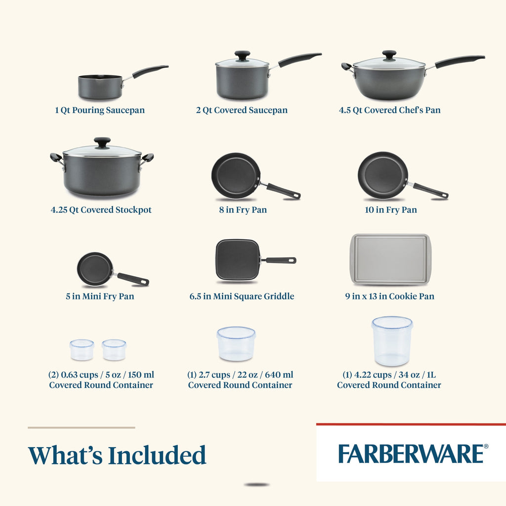 Farberware Easy Clean 20 Pcs Nonstick Cookware Set and Glass Lids with Cooking Tools and Food Storage Containers, Dishwasher Safe, Gray