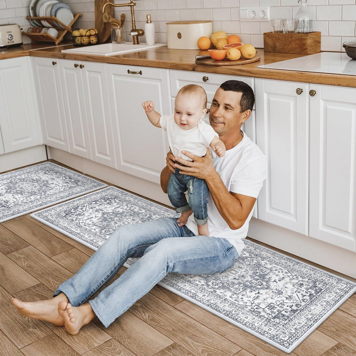 Findosom 3pcs Kitchen Rugs Set,Washable Boho Farmhouse Kitchen Mats for Floor,Non Slip Kitchen Floor Mat Carpet Runner Rugs for Entryway Hallway Laundry Home Decor 20"x32"+20"x32"+20"x47" Gray