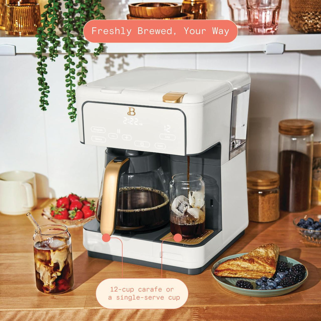 Beautiful by Drew Barrymore Multi-Brew 12-Cup Programmable Drip & Single-Serve Coffee Maker, White Icing