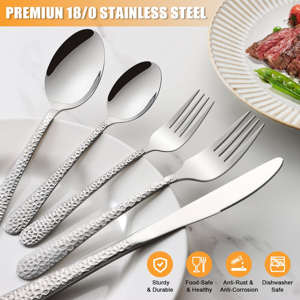 Vesteel Hammered Silverware Set, 40-Piece Stainless Steel Flatware Cutlery Set for 8, Includes Knives, Forks, Spoons, Mirror Polished & Dishwasher Safe