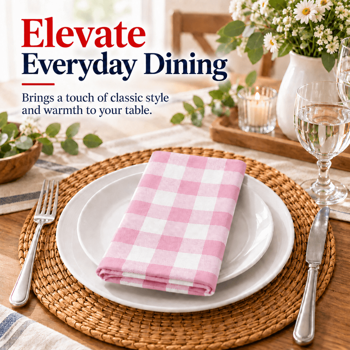 GFI LINEN CLUBS 100% Cotton Gingham Cloth Dinner Napkins, 18 x 18 in, Set of 12, Baby Pink & White