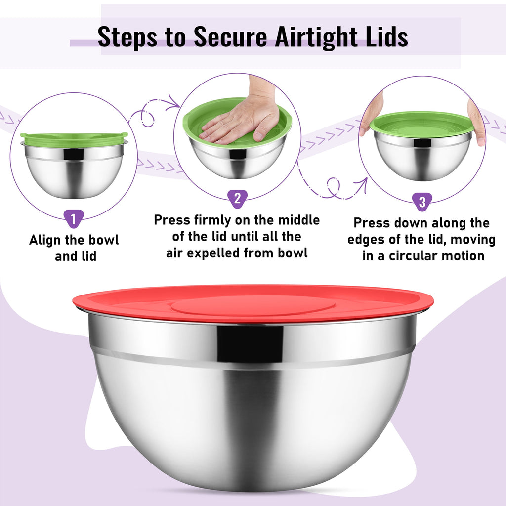 Mixing Bowls with Lids Set of 9, Vesteel Stainless Steel Mixing Bowls Metal Nesting Salad Bowls Attach with 3 Graters for Kitchen Grating/ Shredding, Size 4.6, 2.6, 2, 1.5, 1, 0.7 QT - Multi-Color