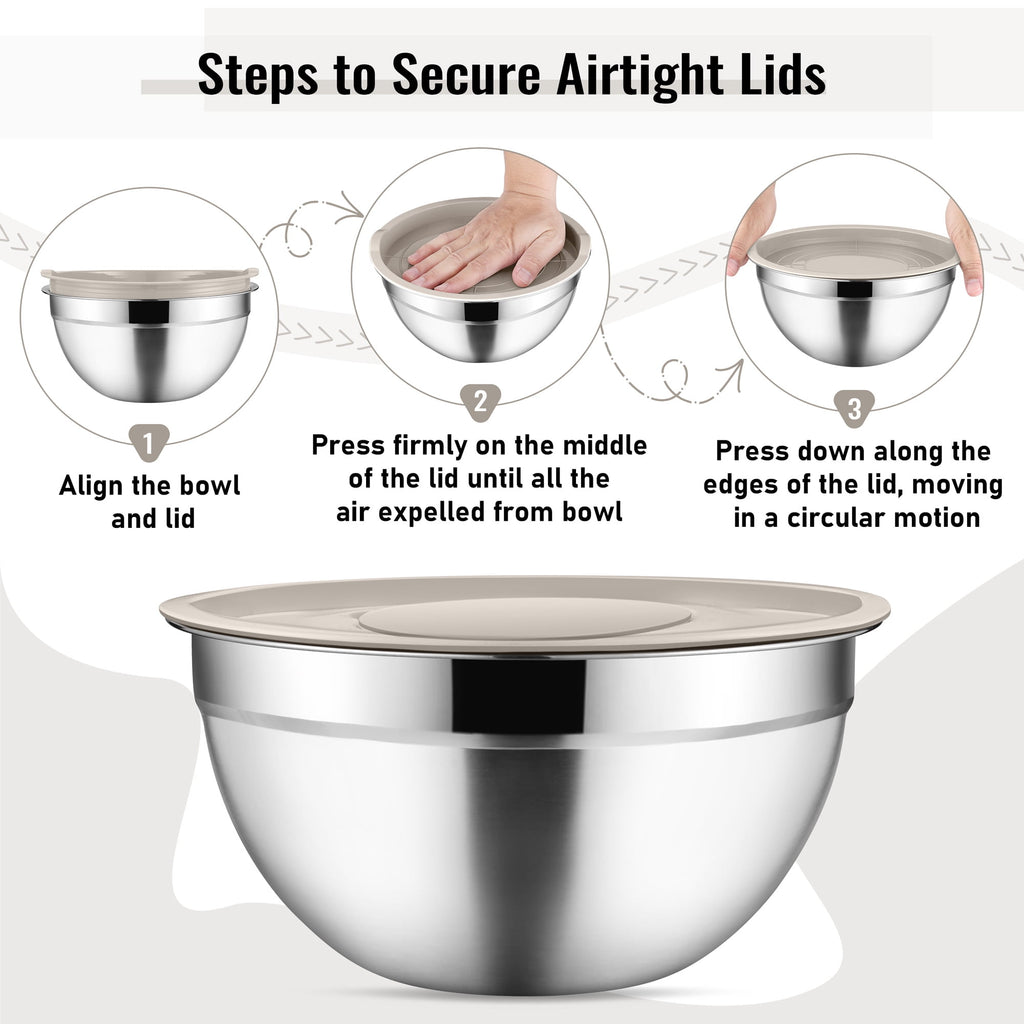 Mixing Bowls with Lids Set of 5, Vesteel Stainless Steel Mixing Bowls Metal Nesting Salad Bowls, Size 4.5, 3, 1.5, 1, 0.7 QT Great for Cooking, Baking, Serving - Multi-Color