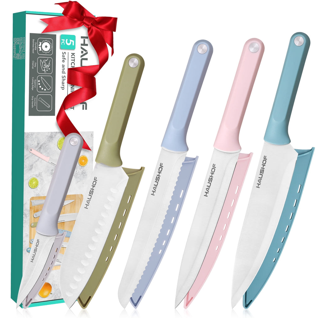 HAUSHOF Colorful Kitchen Knife Set 5 PCS, Non-Stick Coated Stainless Steel Blades with Sheaths, Ergonomic Grip, Gift for Mom Dad Wife, Camping BBQ Everyday Cooking, Chopping