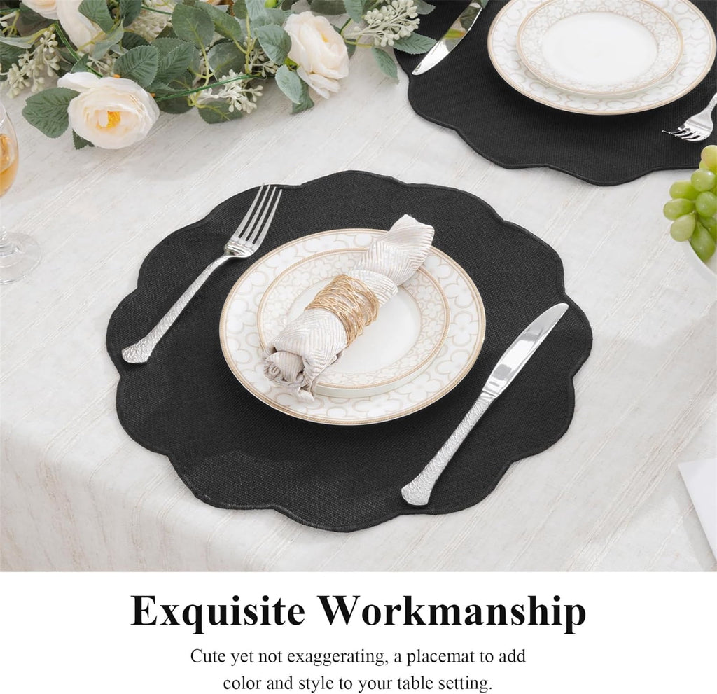 Ileading Scalloped Round Placemats Set of 6 Polyester Linen Blend Washable Non Slip Place Mats Easy Clean Heat Resistant Table Mats for Kitchen Dining Table Decor