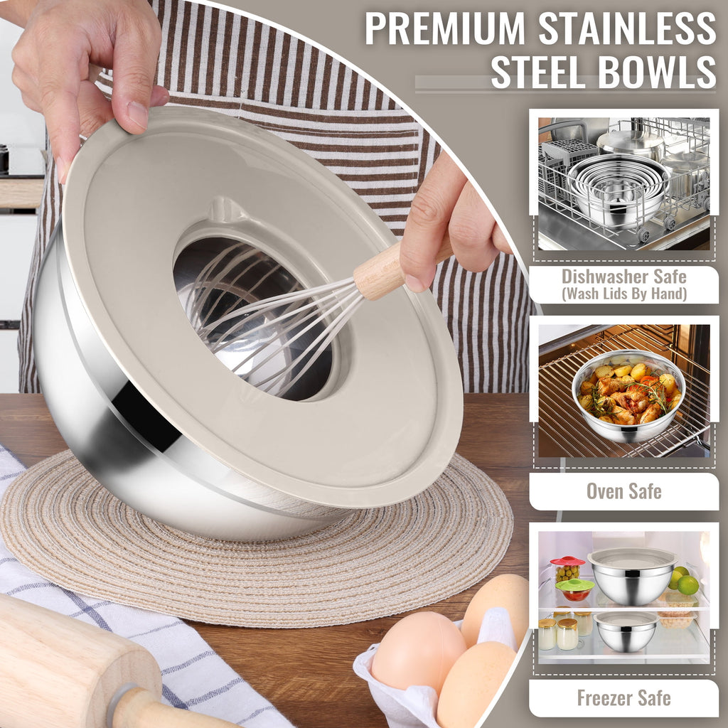 Mixing Bowls with Lids Set of 5, Vesteel Stainless Steel Mixing Bowls Metal Nesting Salad Bowls, Size 4.5, 3, 1.5, 1, 0.7 QT Great for Cooking, Baking, Serving - Multi-Color