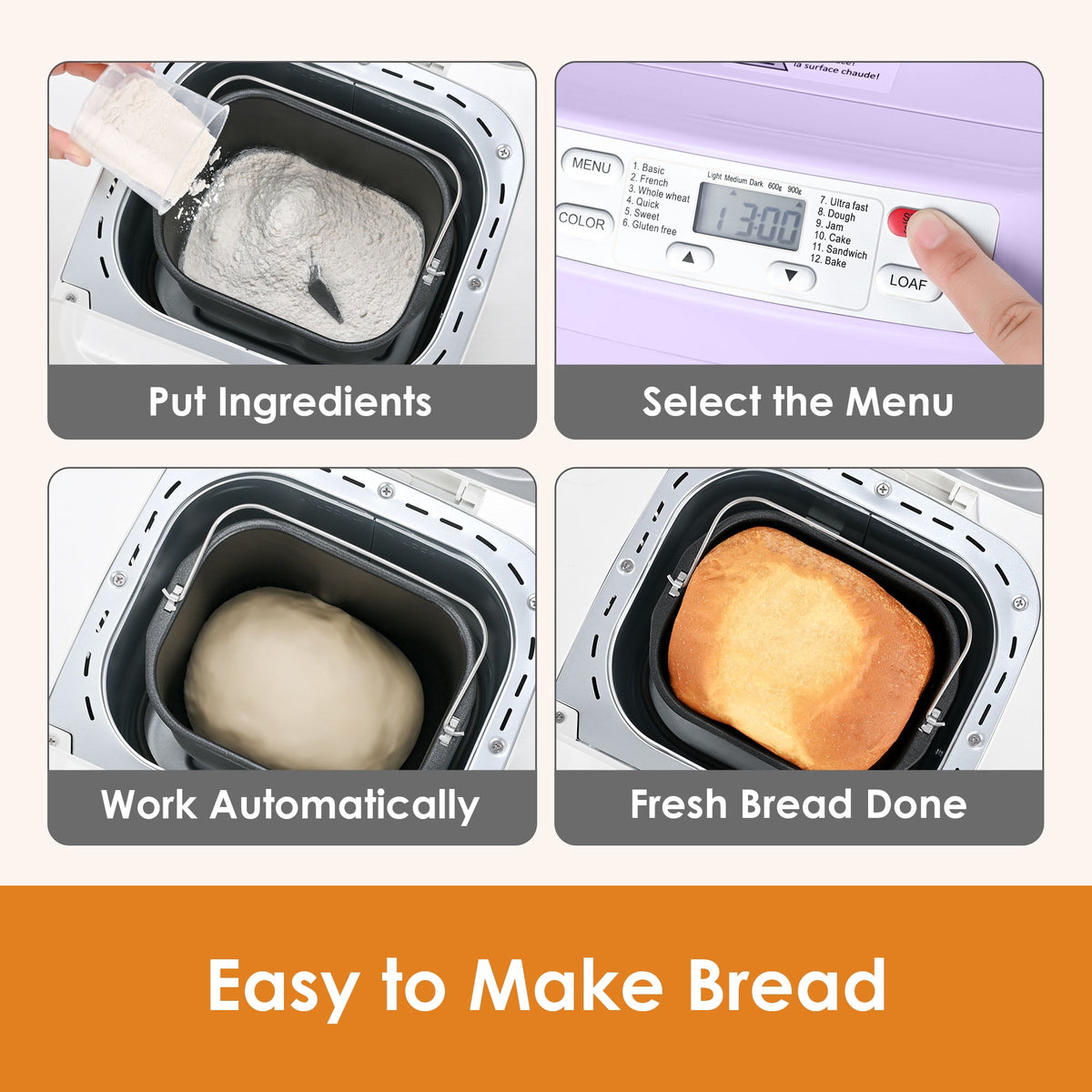 Kitchen in the Box 2lb Bread Maker with Auto Fruit Nut Dispenser, 12-in-1 Gluten-Free Bread Machine, 13H Delay Timer, Nonstick Pan, Keep Warm, White