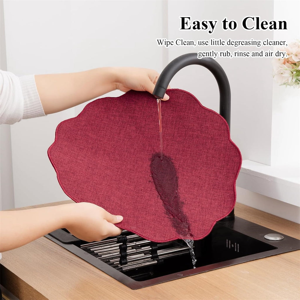 Ileading Scalloped Round Placemats Set of 6 Polyester Linen Blend Washable Non Slip Place Mats Easy Clean Heat Resistant Table Mats for Kitchen Dining Table Decor