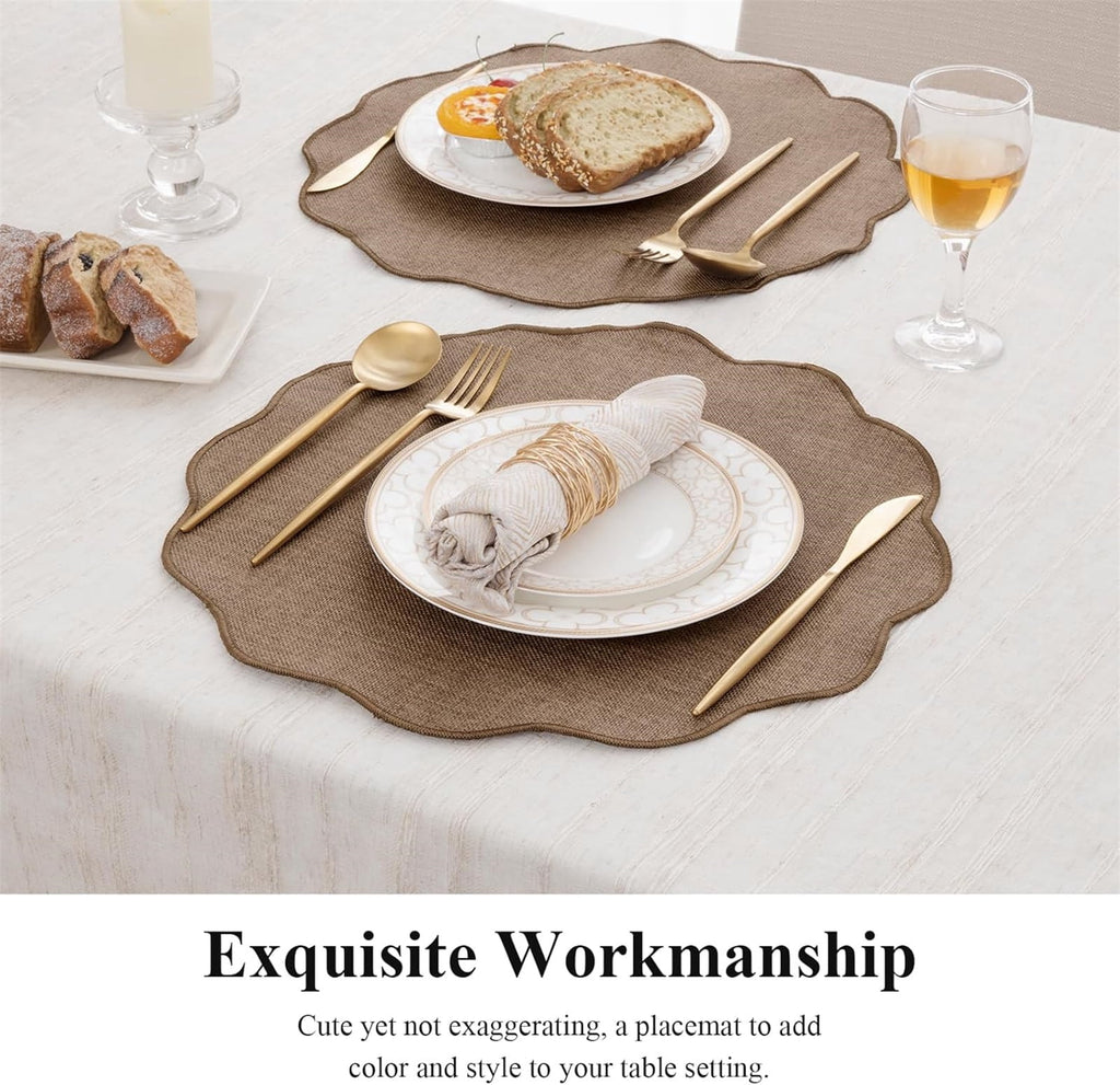 Ileading Scalloped Round Placemats Set of 6 Polyester Linen Blend Washable Non Slip Place Mats Easy Clean Heat Resistant Table Mats for Kitchen Dining Table Decor