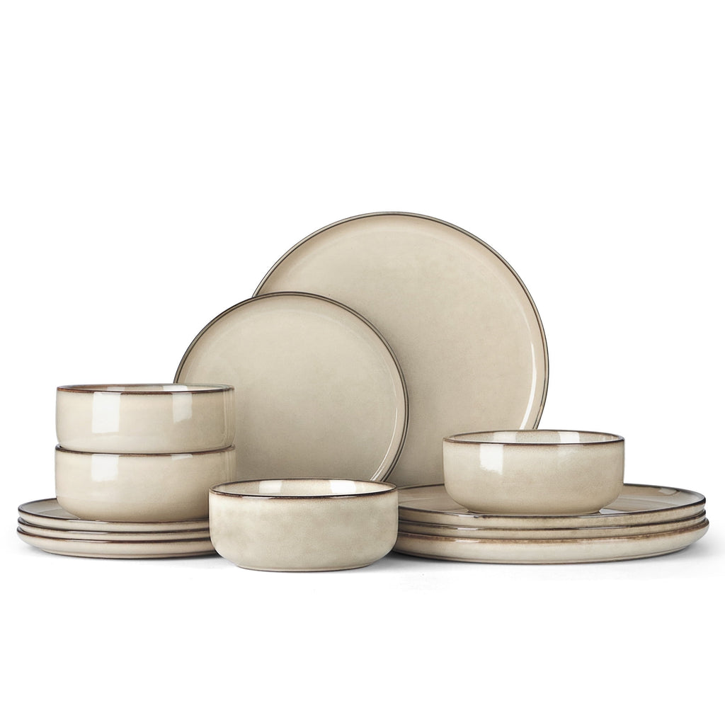 Vesteel Dinnerware Sets for 4, 12-Piece Stoneware Dish and Bowls Set, Handmade Reactive Glaze Coupe Plates Set for Family, Chip & Scratch Resistant - Matte Black