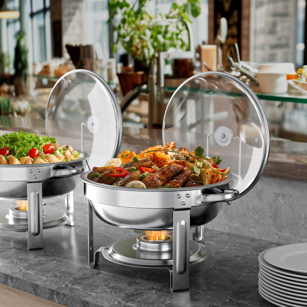 Chafing Dish Buffet Set 2 Pack: TINANA 5QT Stainless Steel Chafing Dishes for Buffet with Glass Lid & Lid Holder, Round Chafers and Buffet Warmers Sets for Parties, Events, Wedding, Camping, Dinner