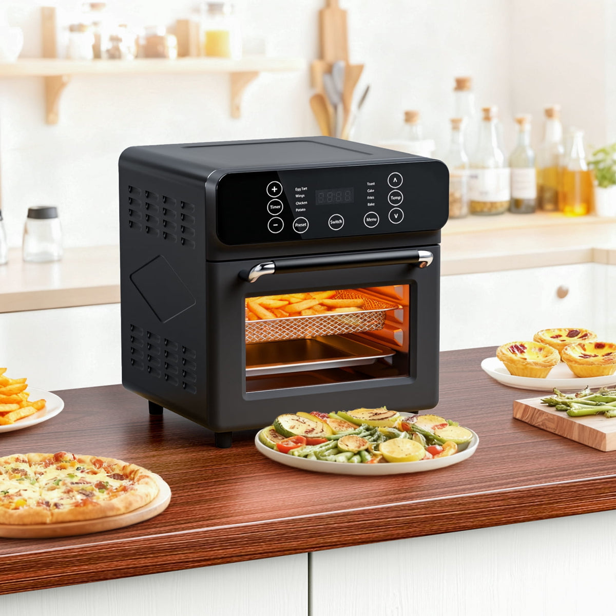 TINANA 10 QT Air Fryer Oven, 8 Preset Functions, LED Smart Touch Display, Oil-Less Cooking, Visible Window, Black