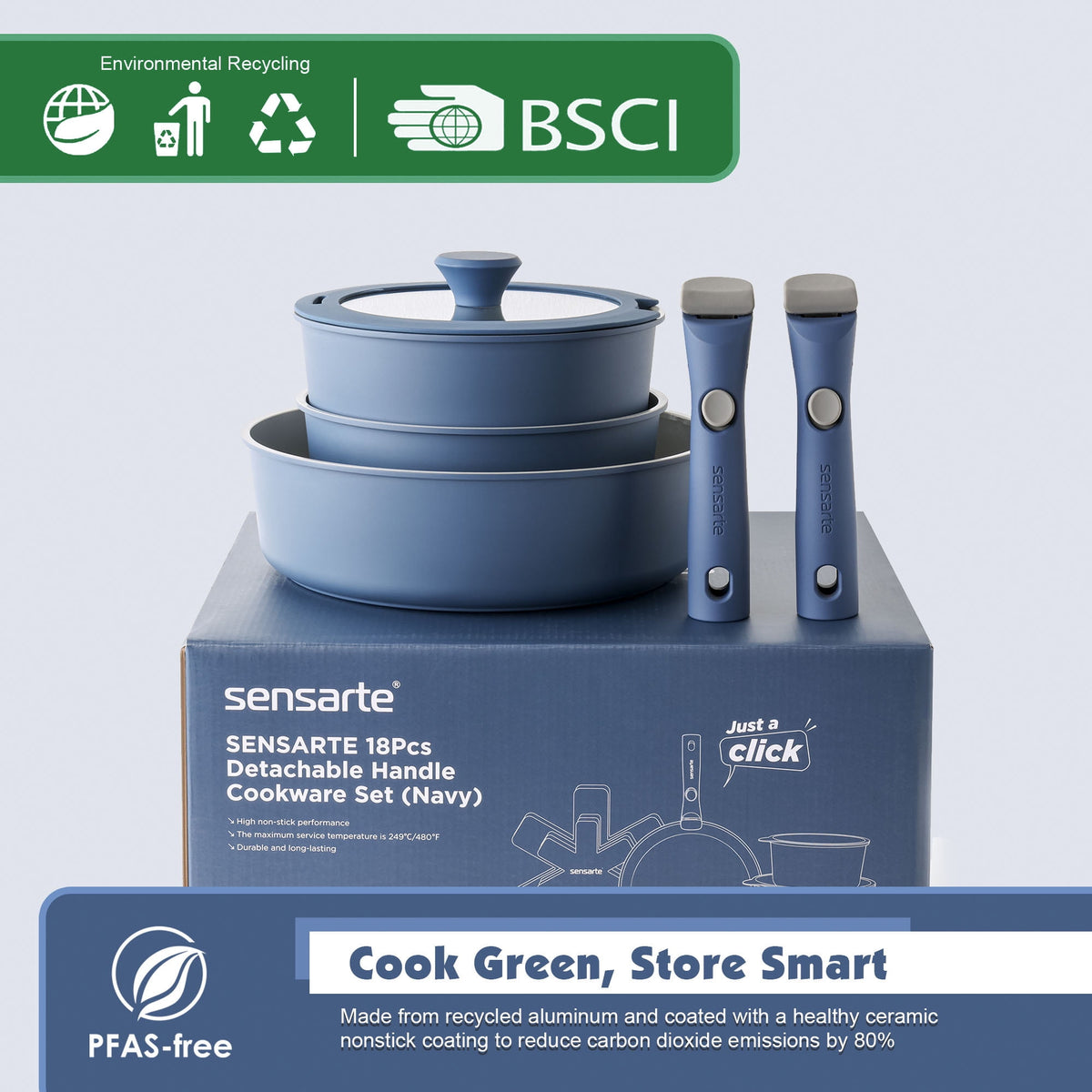 SENSARTE 18-Piece Ceramic Cookware Set with Detachable Handle, Gray Nonstick Pots and Pans Set, Induction Compatible, Dishwasher/Oven Safe, Healthy Cooking Set for RV & Camping